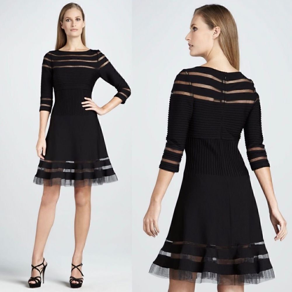 Tadashi Shoji Mesh Illusion Stripe Fit &
Flare Dress Black 3/4 Sleeves Size XS
